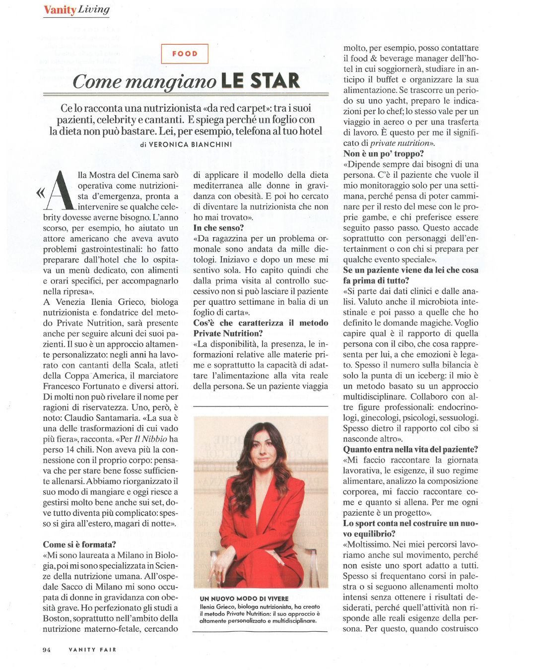 Dott.ssa Ilenia Grieco nutrizionista intervistata su Vanity Fair